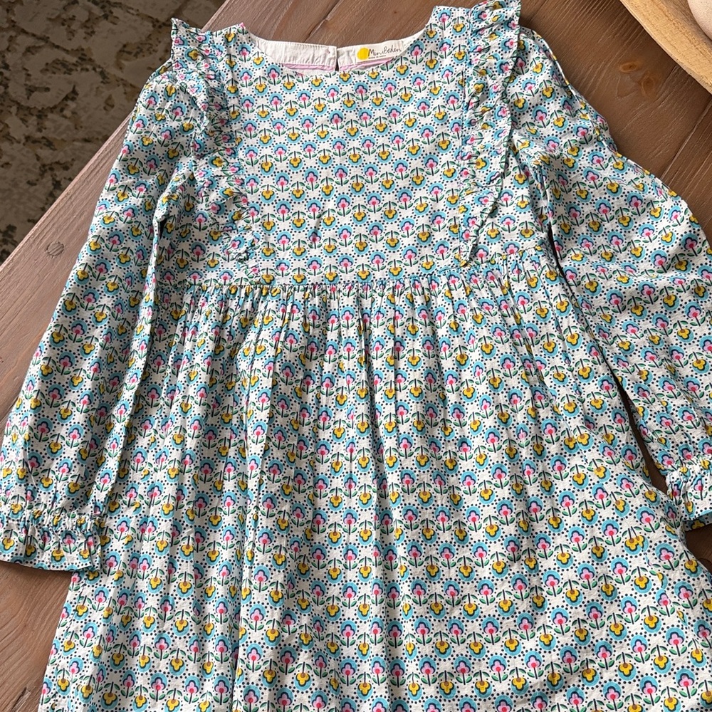 Mini Boden Long-Sleeve Floral Cotton Dress in White, Pink & Yellow
